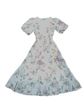 Floral Puff Sleeve Maxi Dress Smocked Waist Lace Trim Button S White